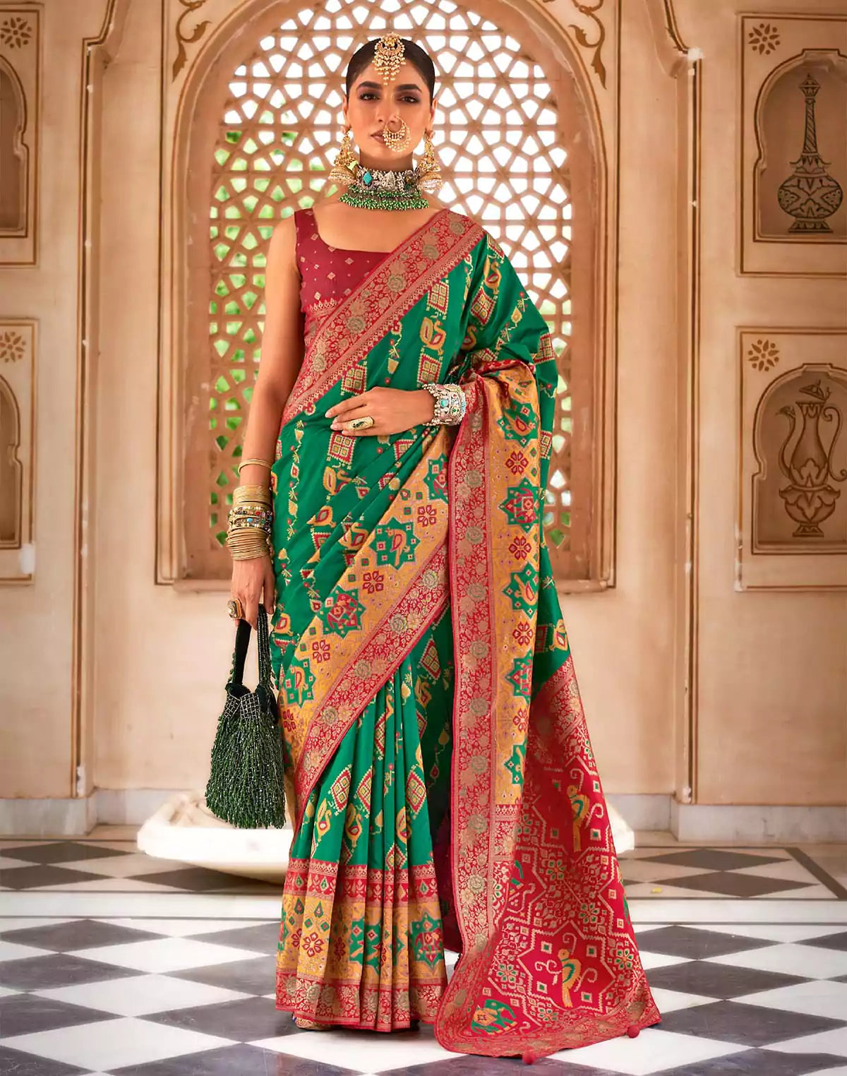 Image of Green Coloured Peacock Motifs Printed Banaras Silk Saree
