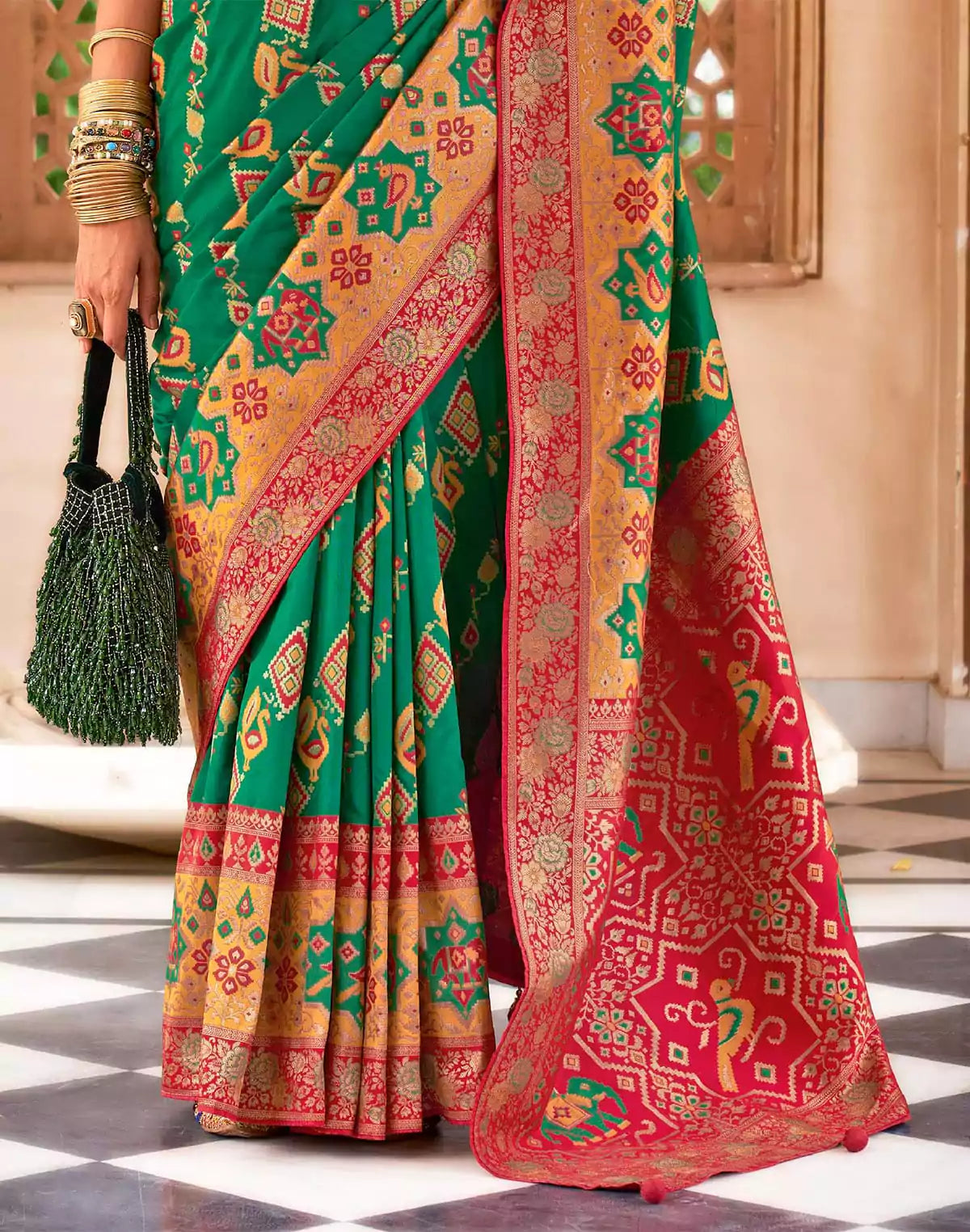 Image of Green Coloured Peacock Motifs Printed Banaras Silk Saree