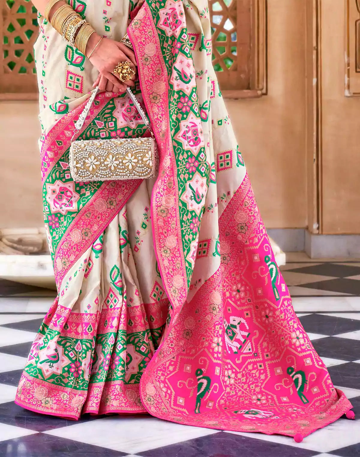 Image of Light Beige Banaras Silk Saree with Contrast Pallu