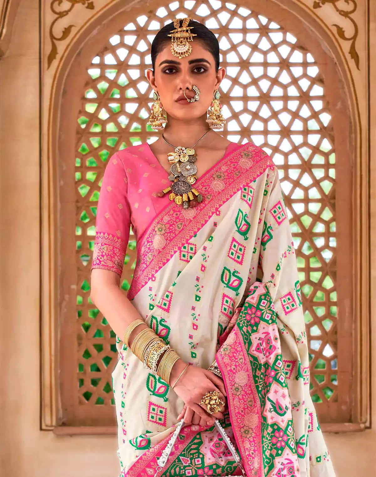 Image of Light Beige Banaras Silk Saree with Contrast Pallu