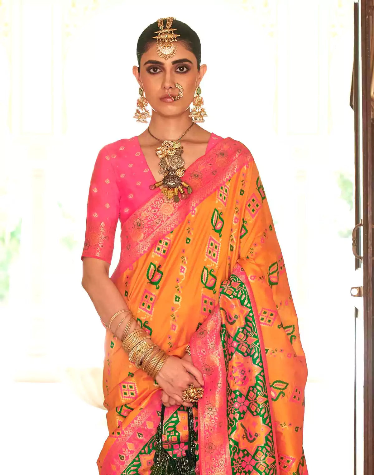 Image of Mustard and Pink Banaras Woven Trendy Saree