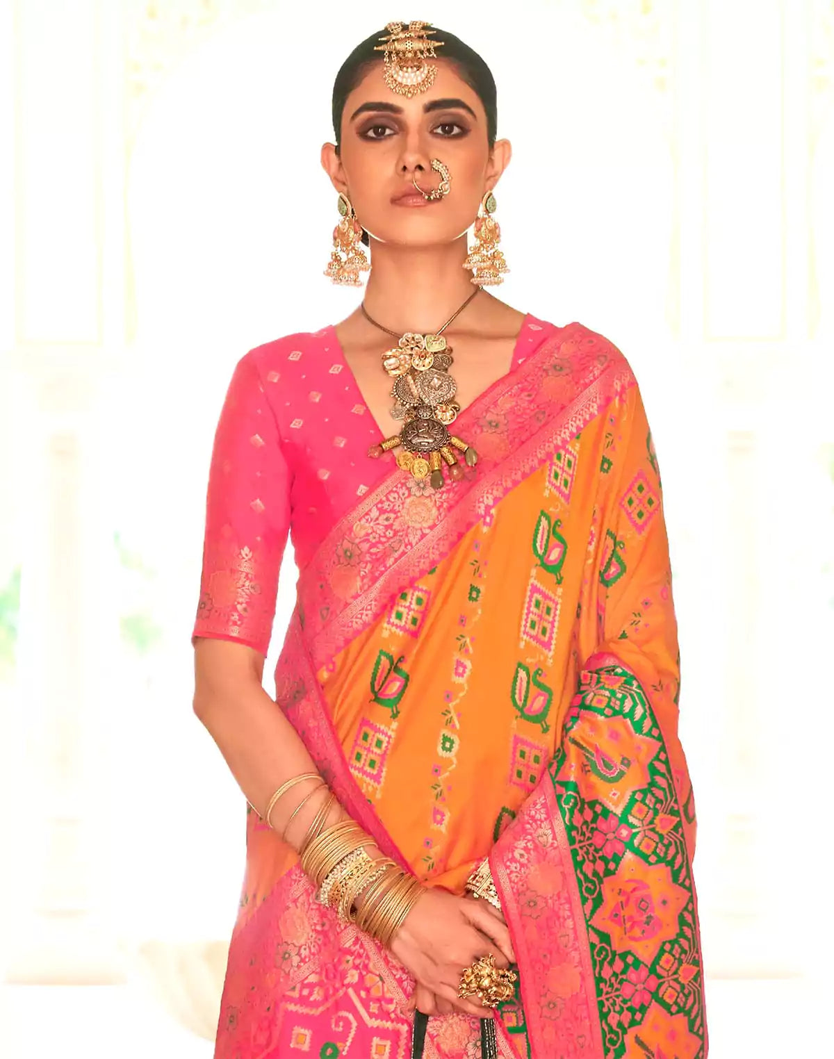 Image of Mustard and Pink Banaras Woven Trendy Saree
