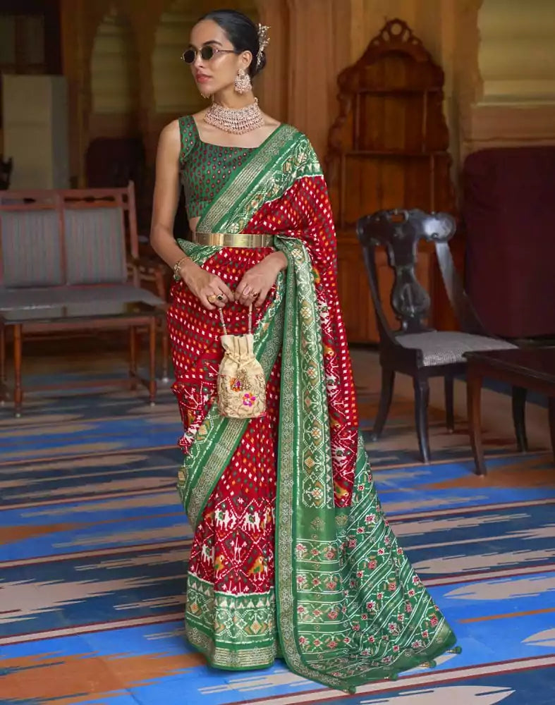 Image of Stylish Red Ikat Patola Fabric Saree