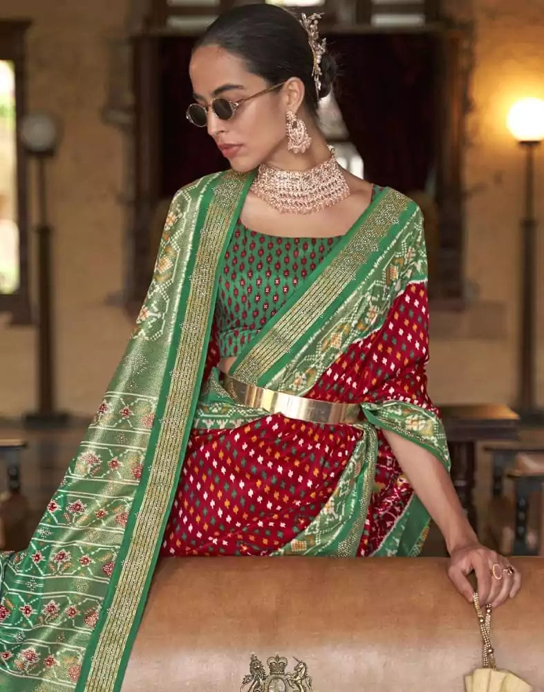 Image of Stylish Red Ikat Patola Fabric Saree