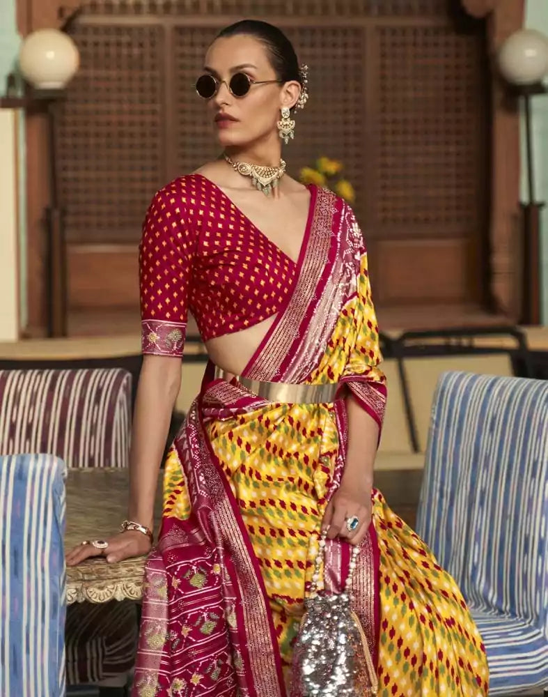 Image of Magnificent Mustard Ikat Patola Printed Saree