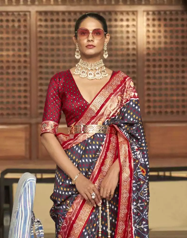 Image of Navy Blue Ikat Smooth Patola Saree