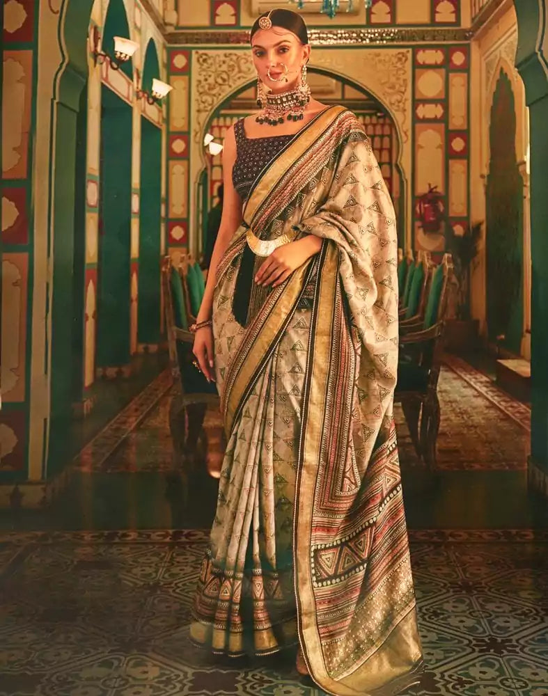 Image of Light Grey Geometric Print Dola Silk Saree