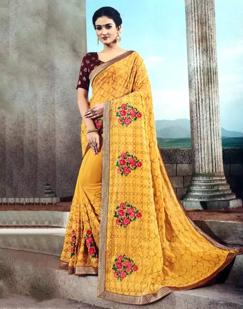 Image of Yellow Floral Thread work Chiffon Saree