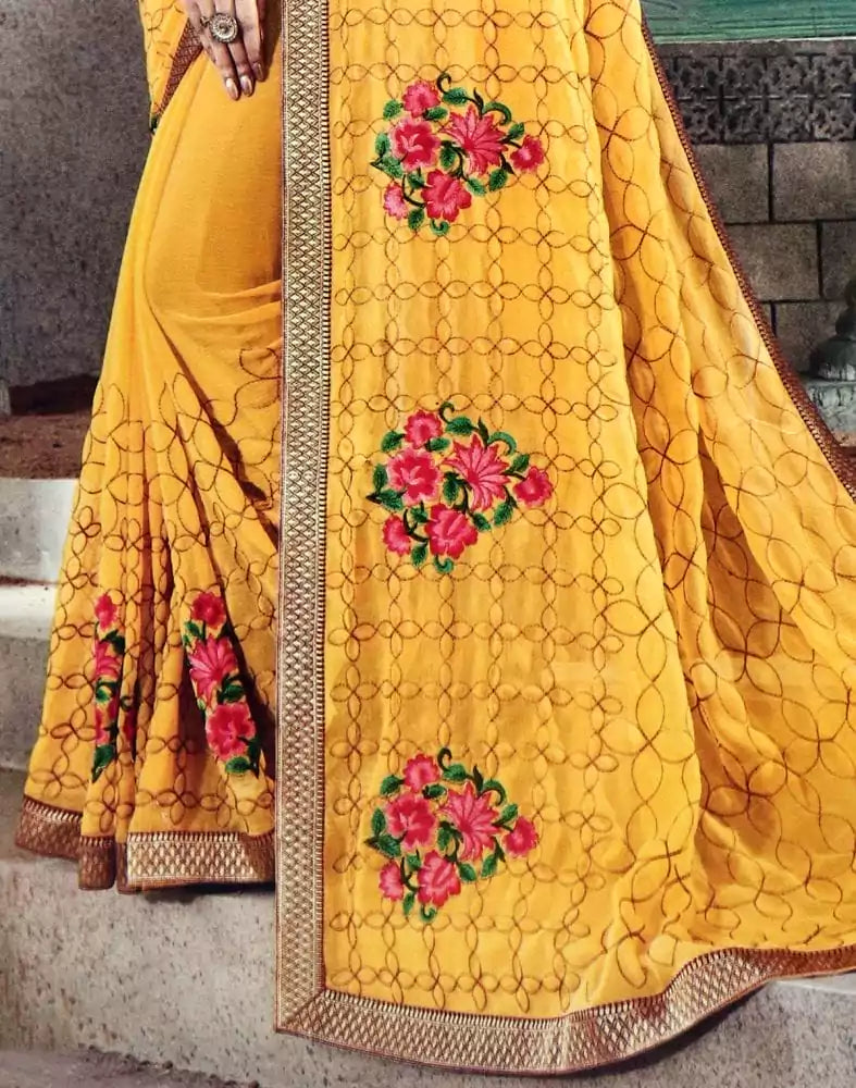 Image of Yellow Floral Thread work Chiffon Saree