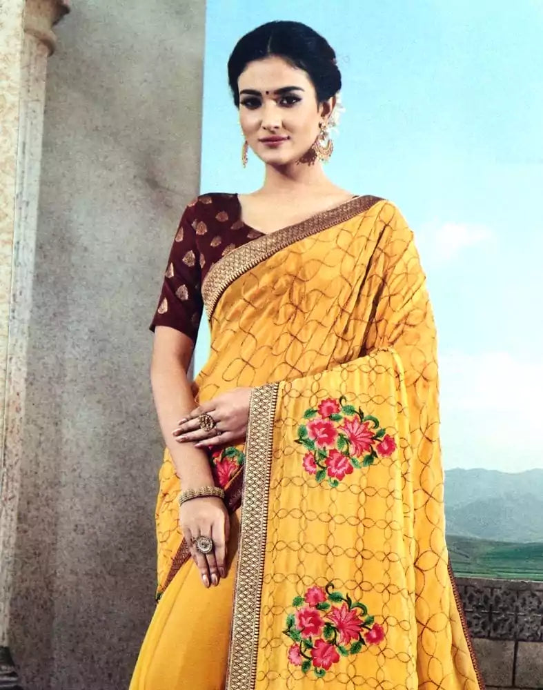 Image of Yellow Floral Thread work Chiffon Saree