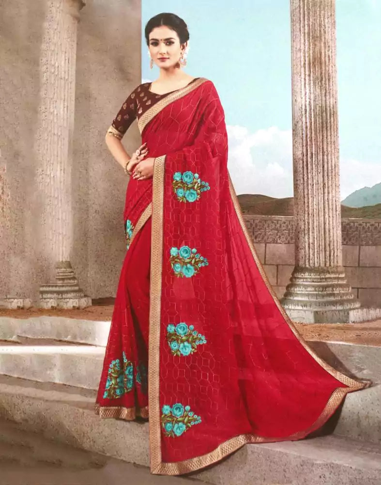 Image of Red Floral Thread work Chiffon Saree