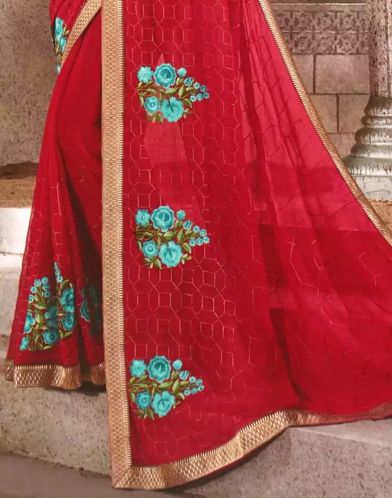 Image of Red Floral Thread work Chiffon Saree