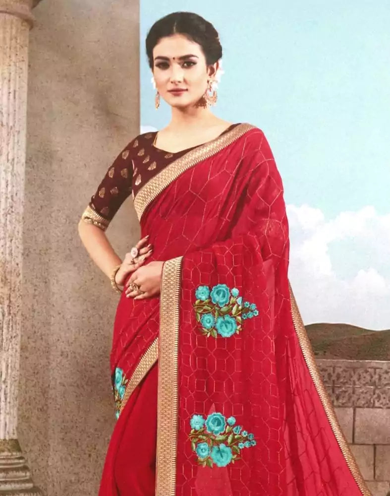 Image of Red Floral Thread work Chiffon Saree