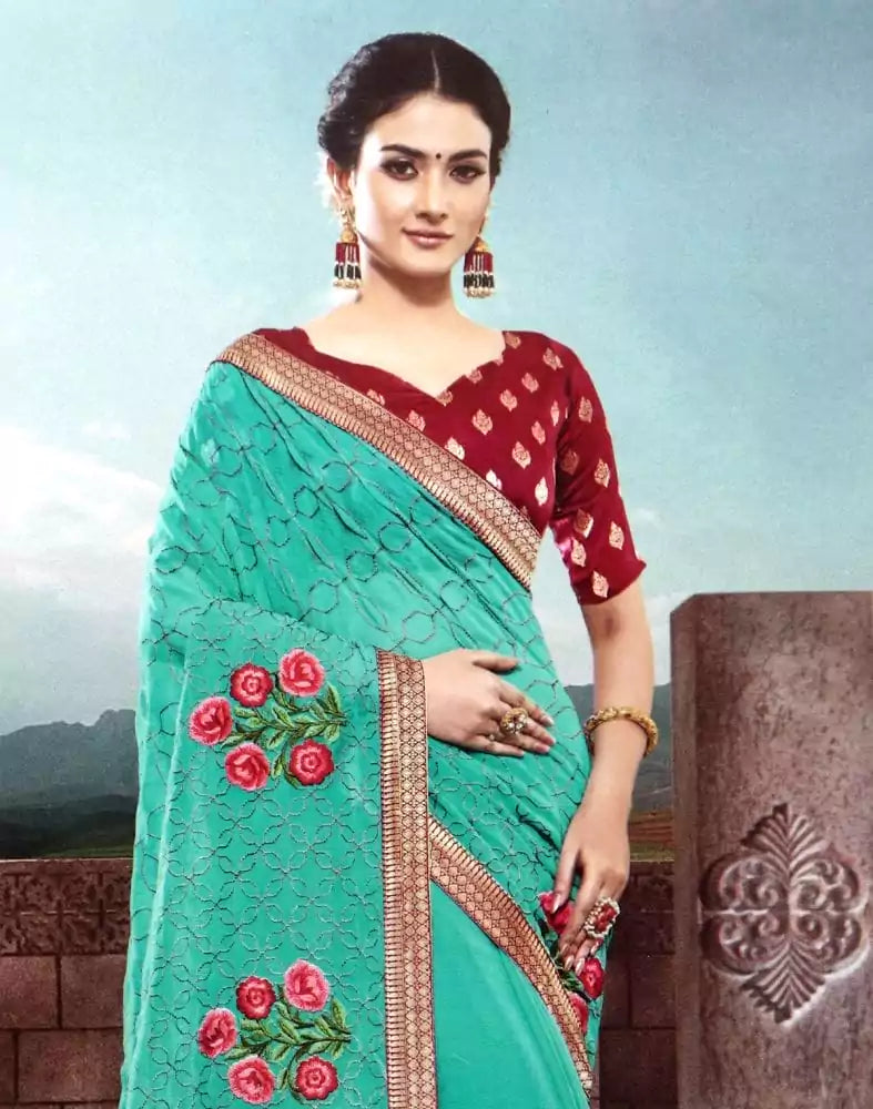 Image of Sea Green Floral Thread work Chiffon Saree