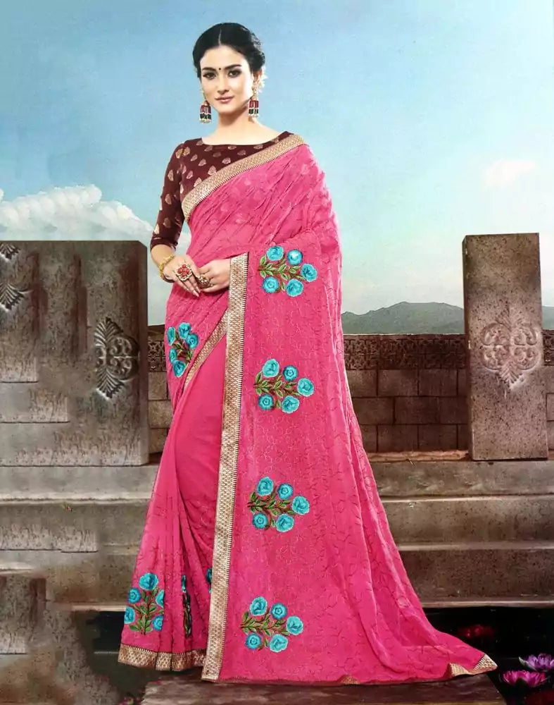 Image of Pink Floral Thread work Chiffon Saree