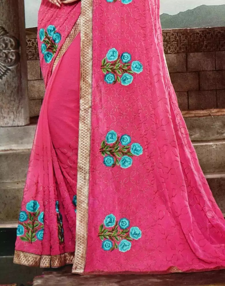 Image of Pink Floral Thread work Chiffon Saree