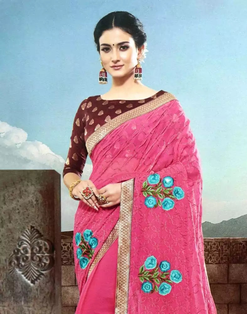 Image of Pink Floral Thread work Chiffon Saree