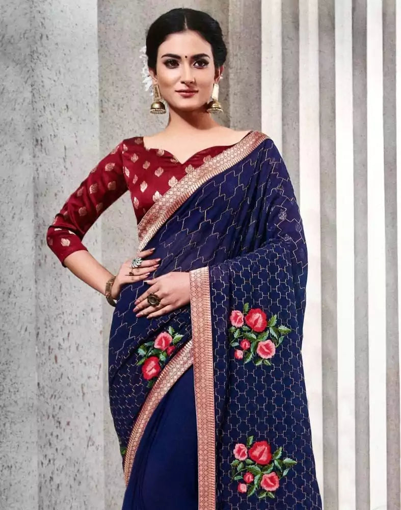 Image of Navy Blue Floral Thread work Chiffon Saree