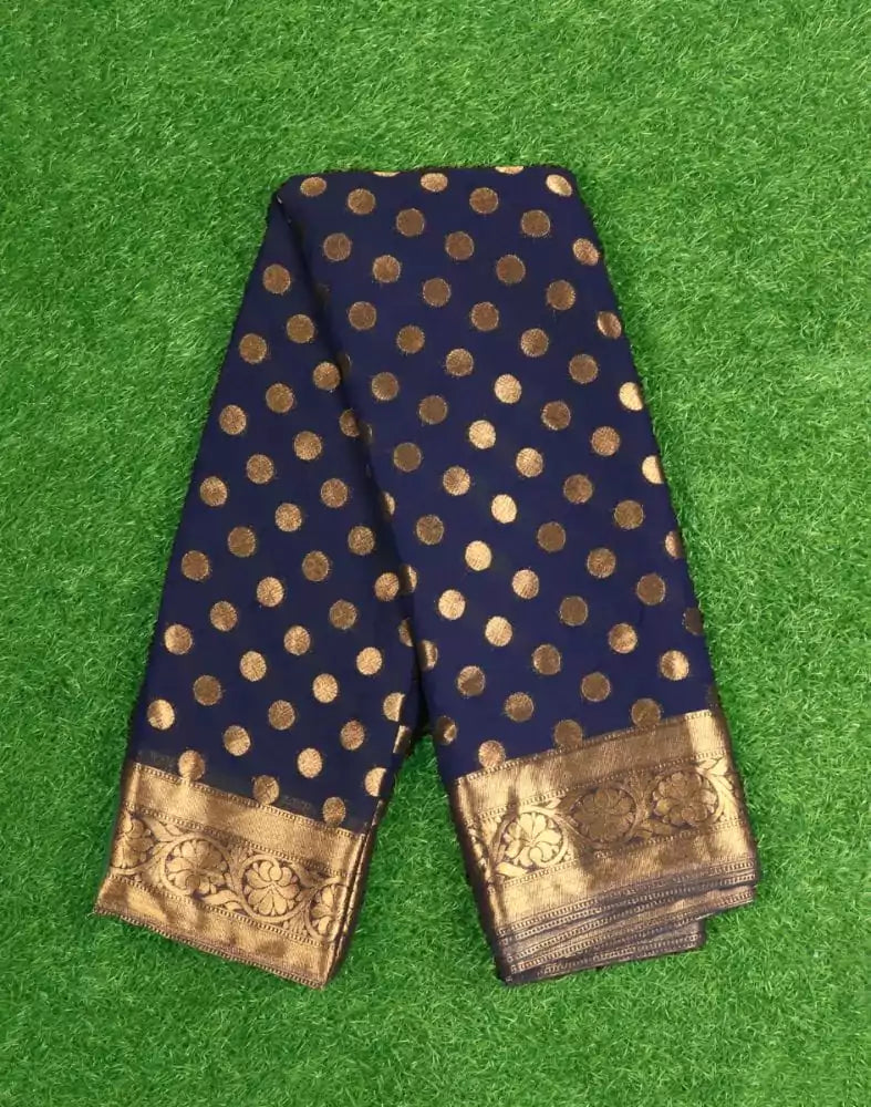 Image of Navy Blue Polka Dots Print Georgette Saree