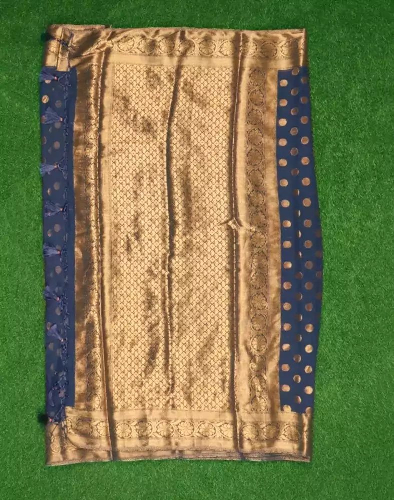 Image of Navy Blue Polka Dots Print Georgette Saree