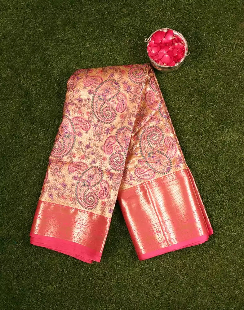 Image of Gold Kantha Embroidered work Semi Silk Saree