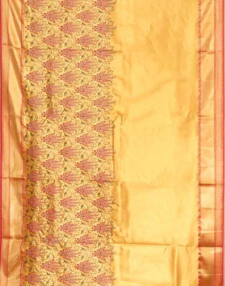 Image of Light Yellow Kantha Embroidered work Semi Silk Saree