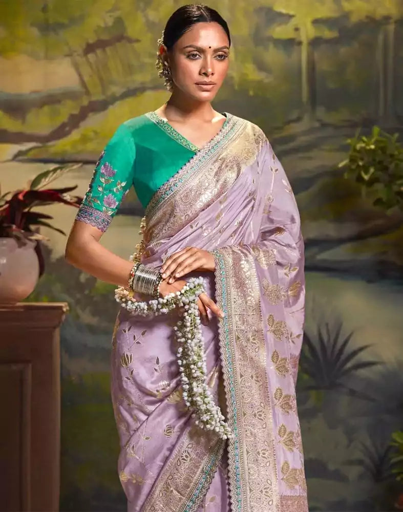 Image of Purple Botanical Cotton Silk Saree