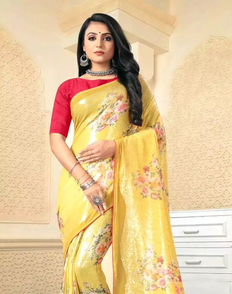 Image of Mehendi Green Digital Floral Print Embellished Work Georgette Saree