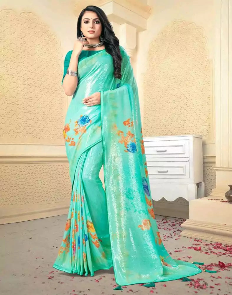 Image of Sea Green Digital Floral Print Embellished Work Georgette Saree
