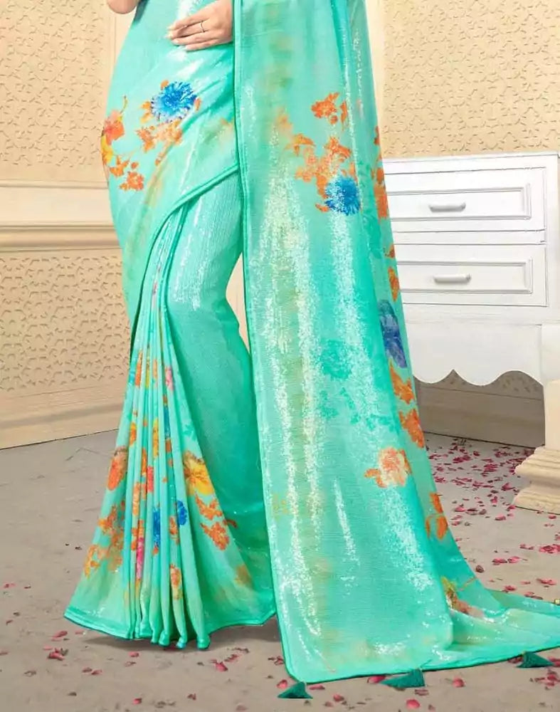 Image of Sea Green Digital Floral Print Embellished Work Georgette Saree