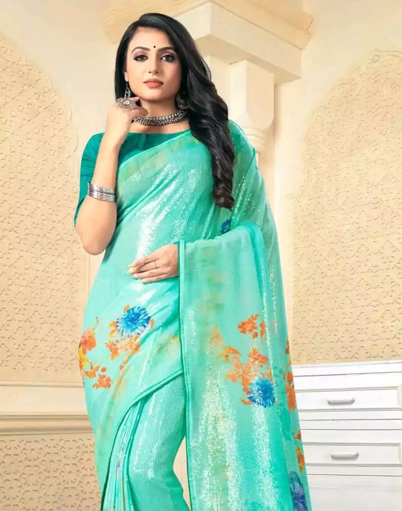Image of Sea Green Digital Floral Print Embellished Work Georgette Saree
