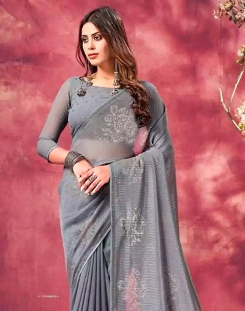 Image of Grey Coloured Sequence Work Semi Georgette Saree