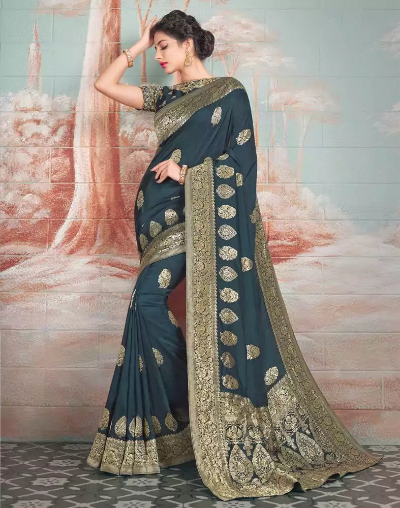 Image of Dark Grey Floral Print Banaras Fancy Saree with 2 Unstitched Blouses