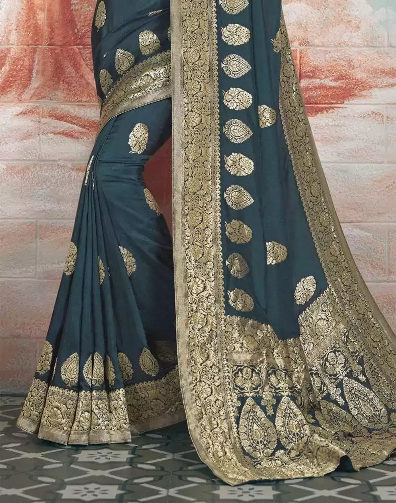 Image of Dark Grey Floral Print Banaras Fancy Saree with 2 Unstitched Blouses