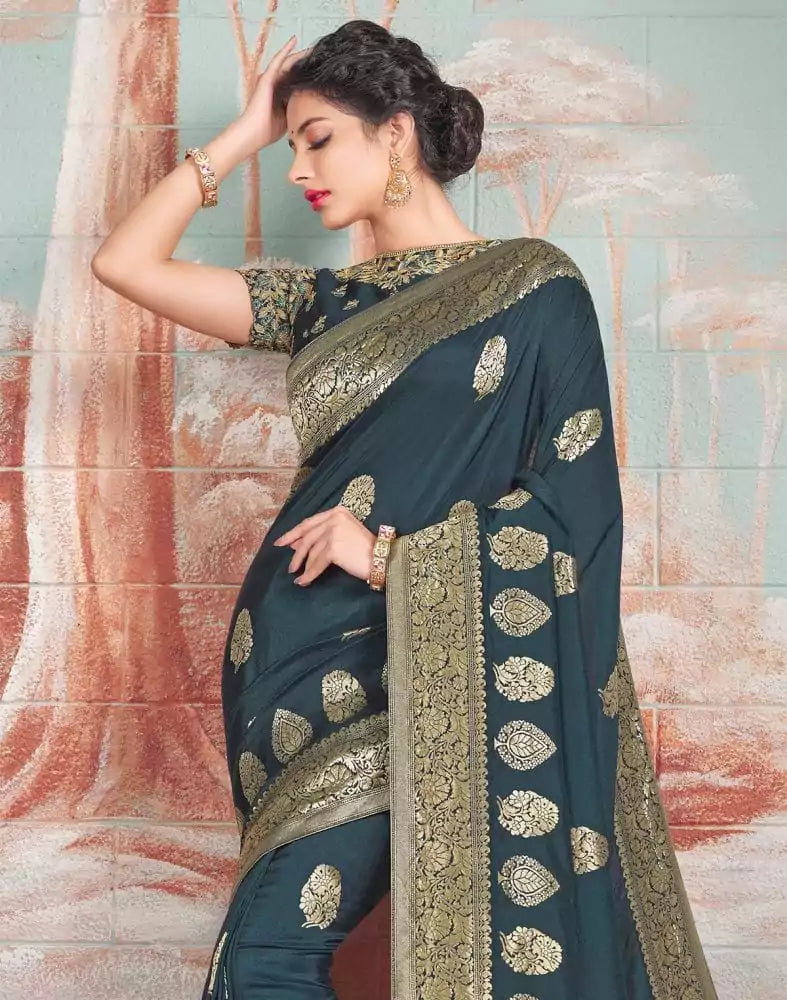 Image of Dark Grey Floral Print Banaras Fancy Saree with 2 Unstitched Blouses