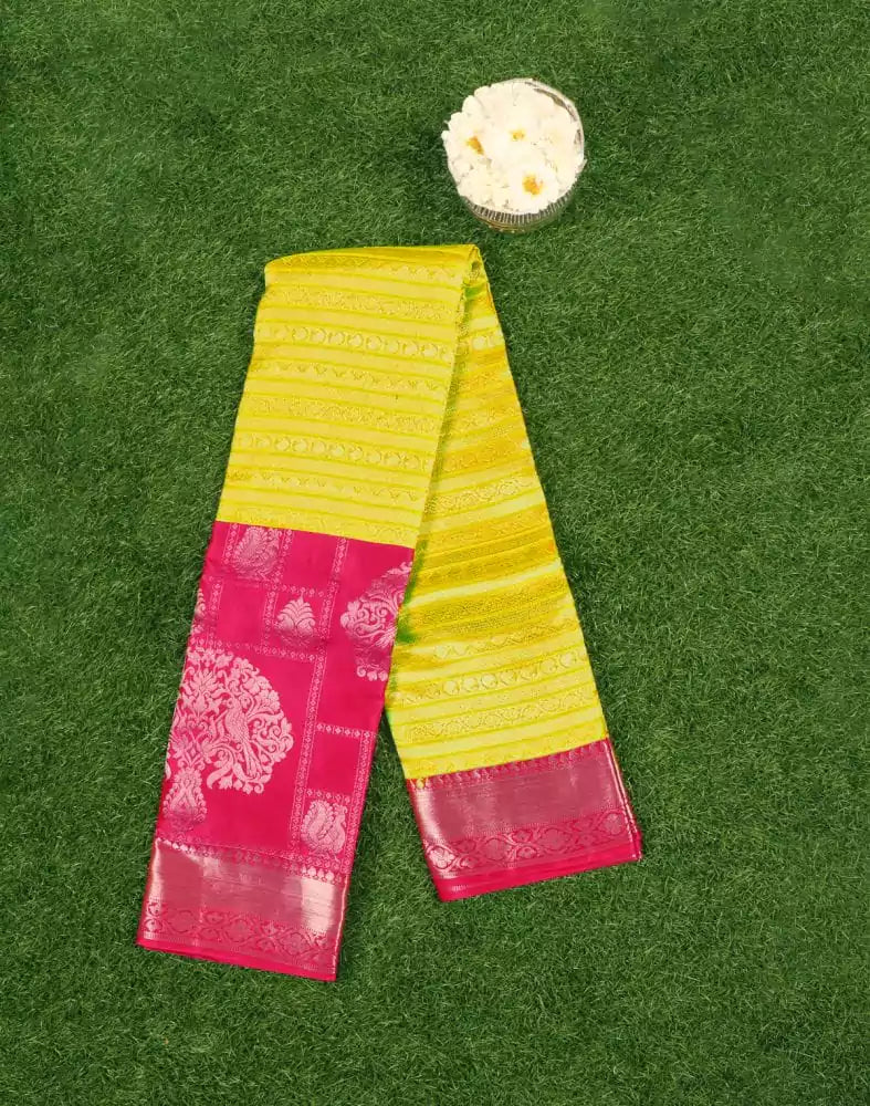 Image of Yellow Coloured Striped Pure Kanchi Pattu Saree