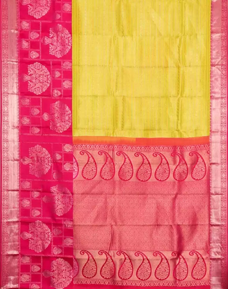 Image of Yellow Coloured Striped Pure Kanchi Pattu Saree