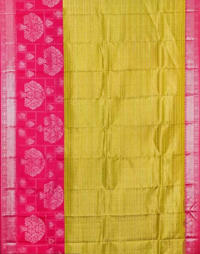 Image of Yellow Coloured Striped Pure Kanchi Pattu Saree