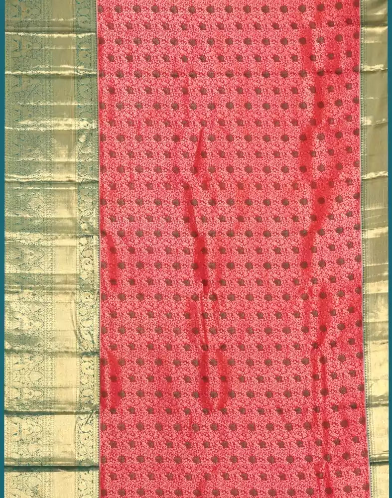 Image of Coral Floral Silver Zari Kanchi Pattu Saree