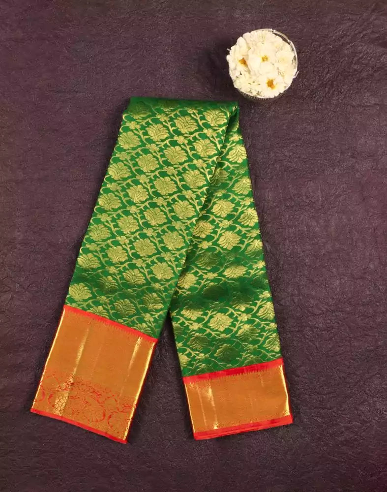 Image of Floral Pattern Green Coloured Pure Kanchi Pattu Saree