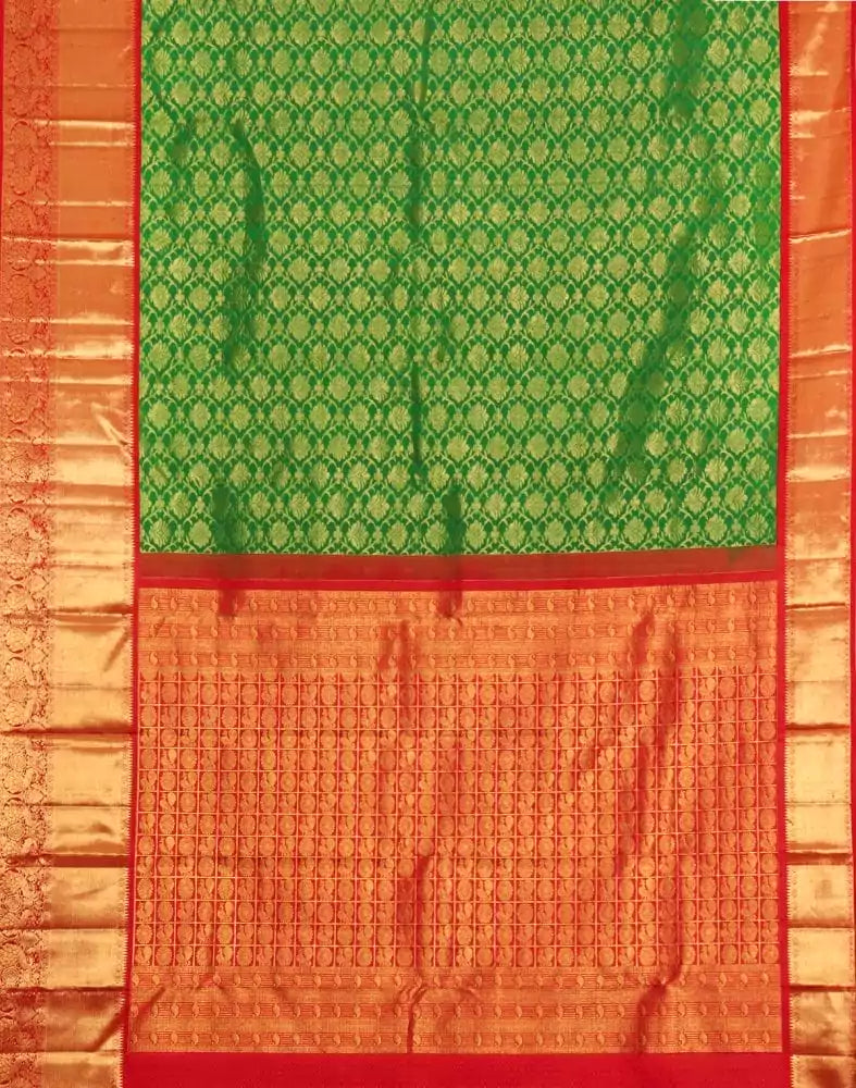 Image of Floral Pattern Green Coloured Pure Kanchi Pattu Saree