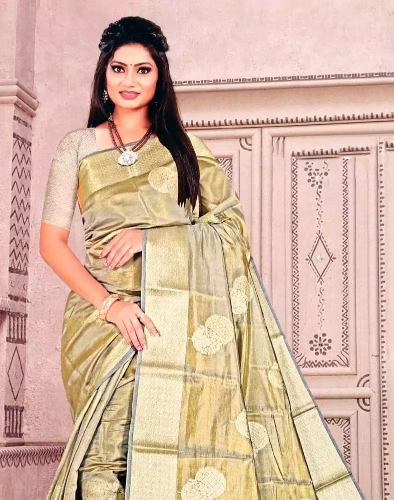 Image of Light Grey Floral Pattern Tissue Saree