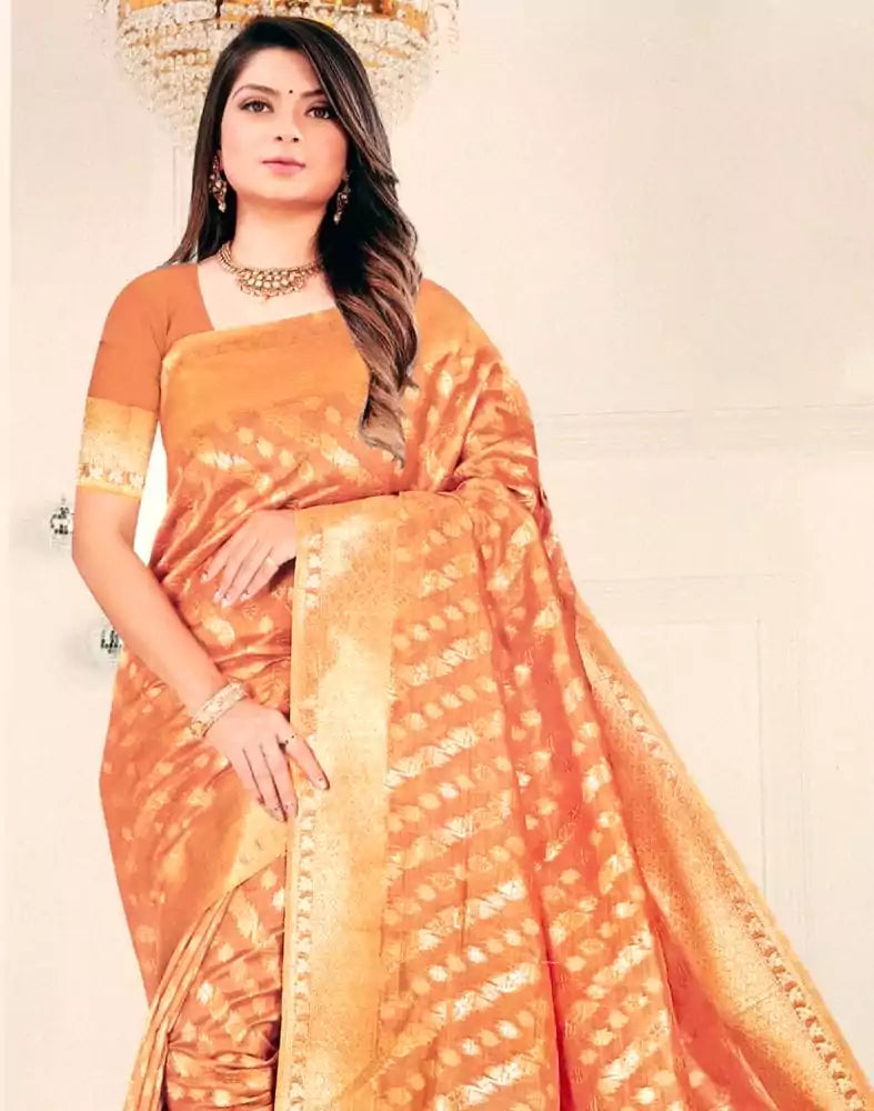 Image of Light Orange Floral Pattern Banaras Organza Saree