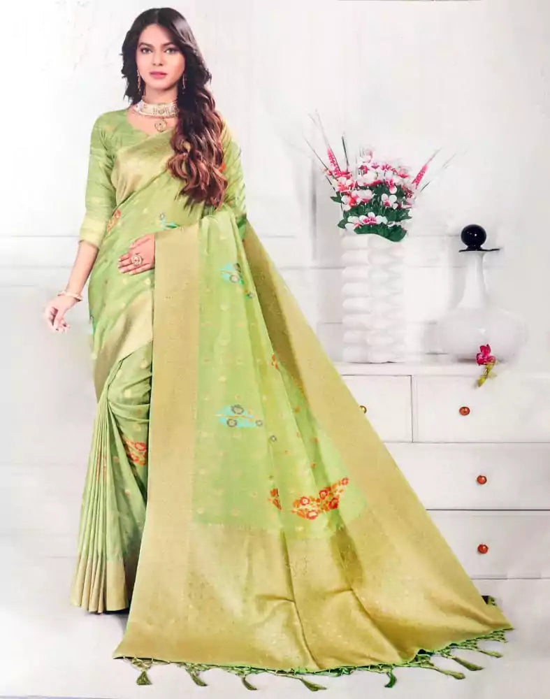 Image of Mehendi Green Floral Banaras Tissue Saree