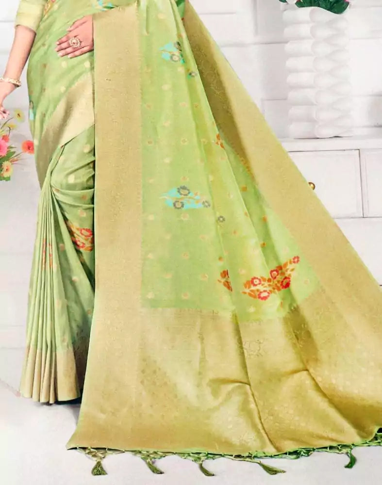 Image of Mehendi Green Floral Banaras Tissue Saree