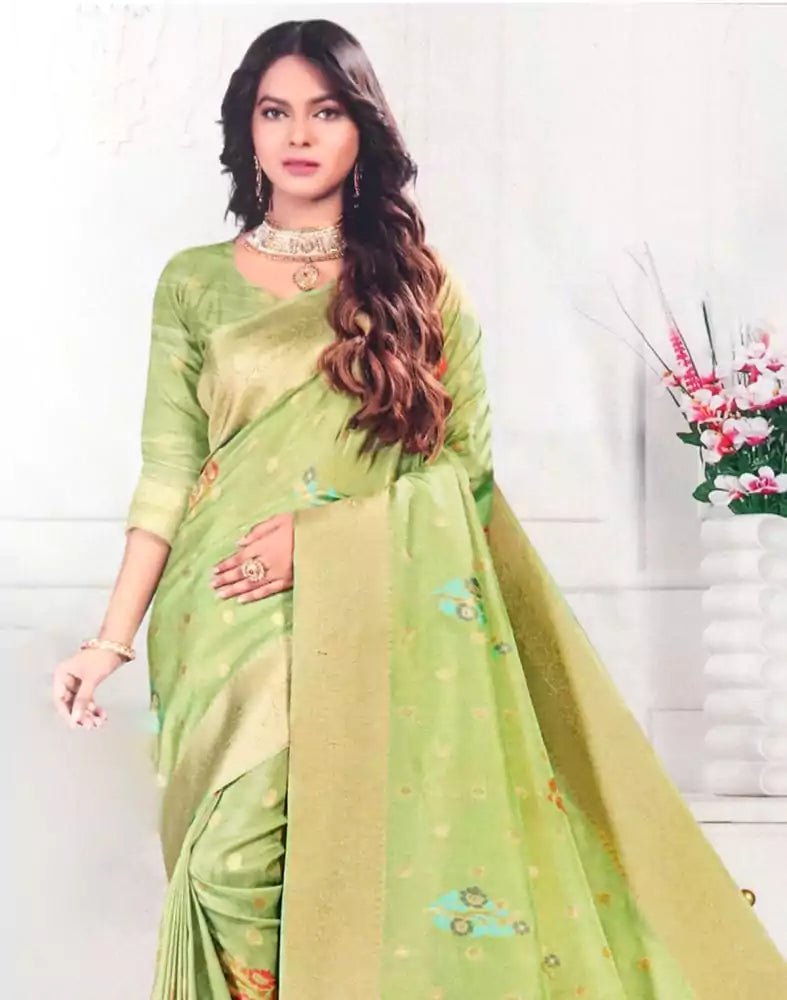 Image of Mehendi Green Floral Banaras Tissue Saree