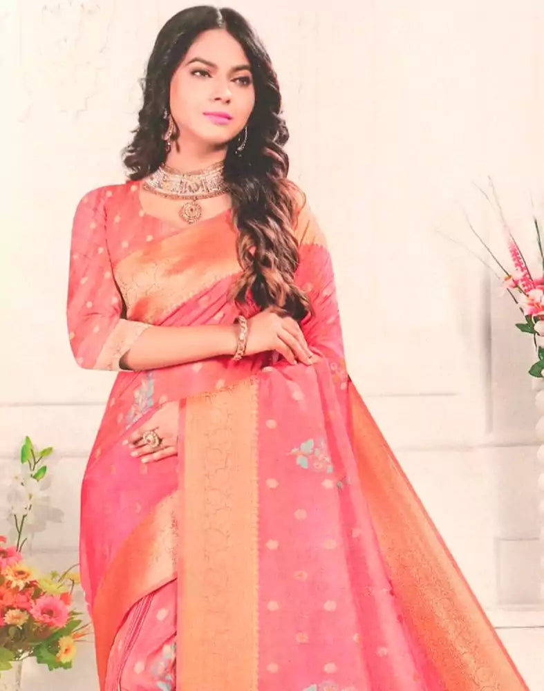 Image of Light Pink Floral Banaras Tissue Saree