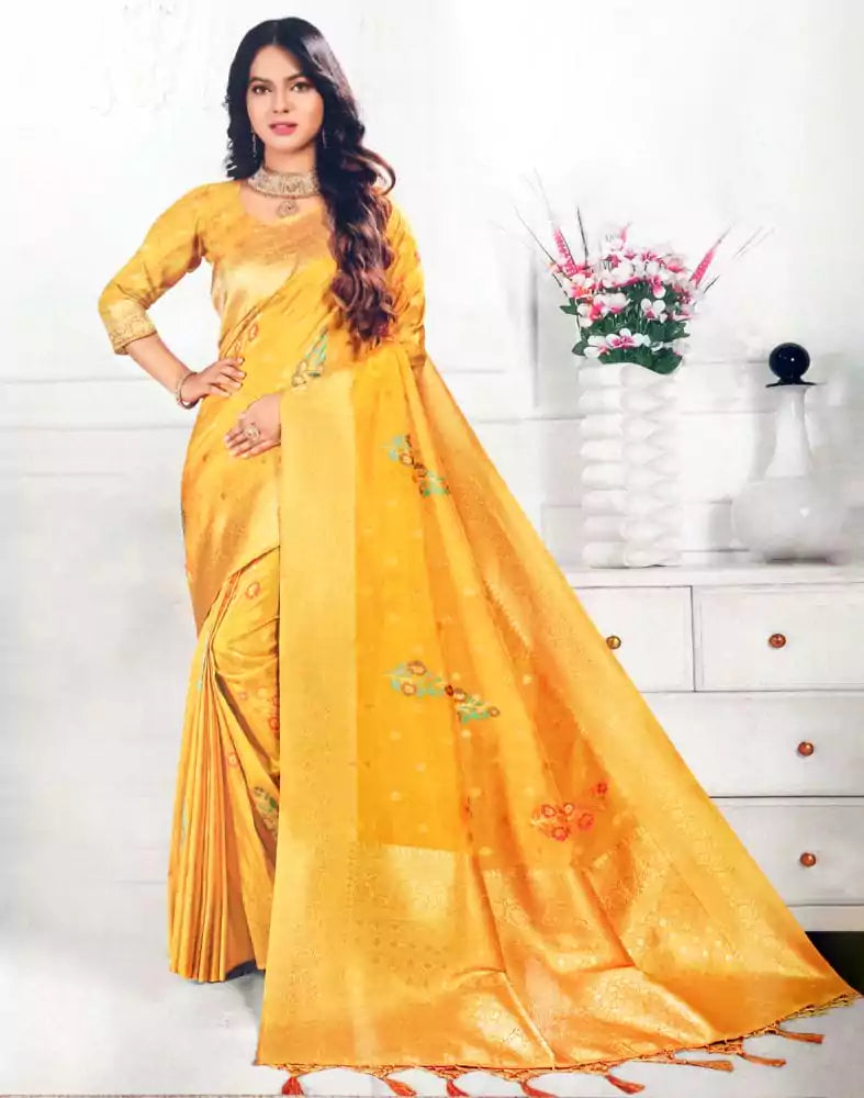 Image of Banaras Fancy Yellow Colour Floral Saree