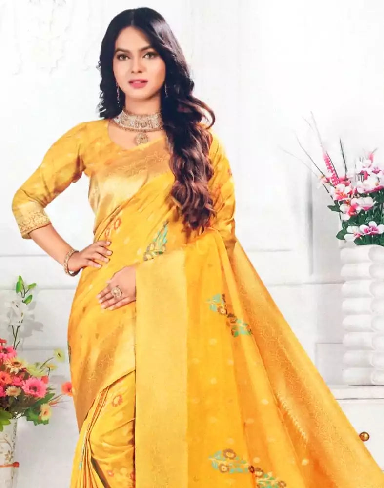 Image of Banaras Fancy Yellow Colour Floral Saree