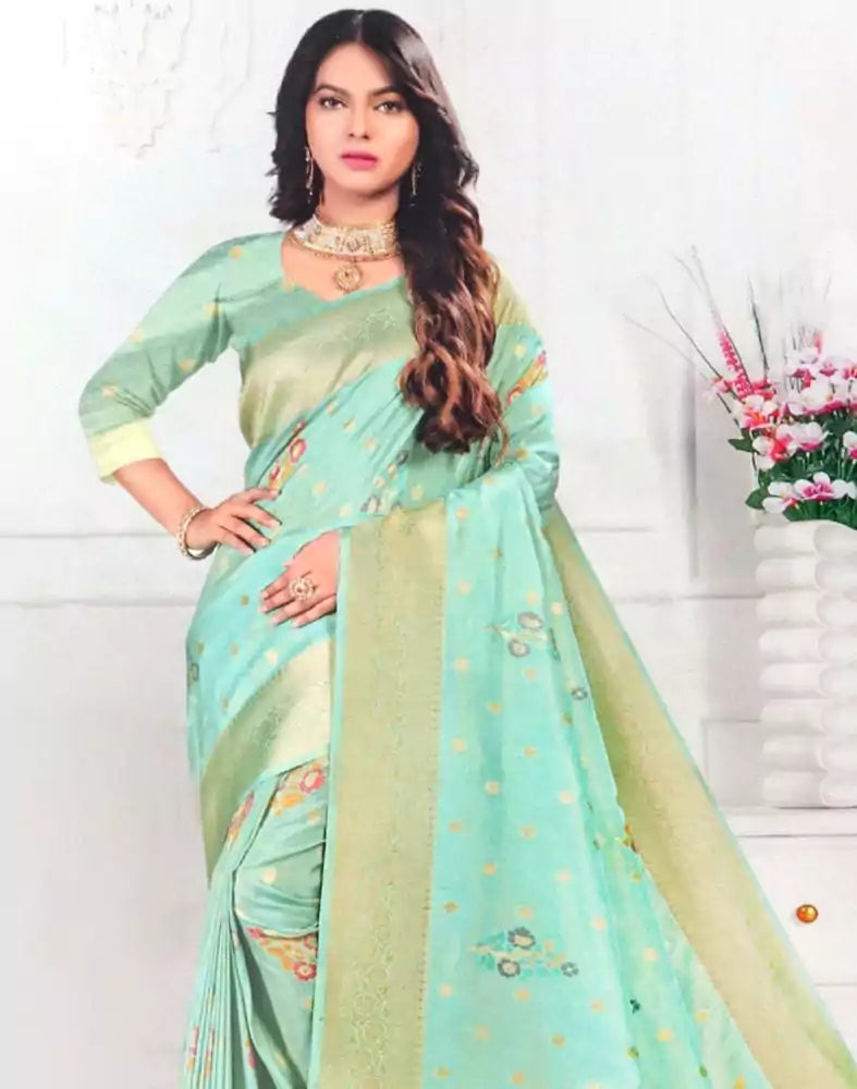 Image of Light Blue Floral Banaras Tissue Saree
